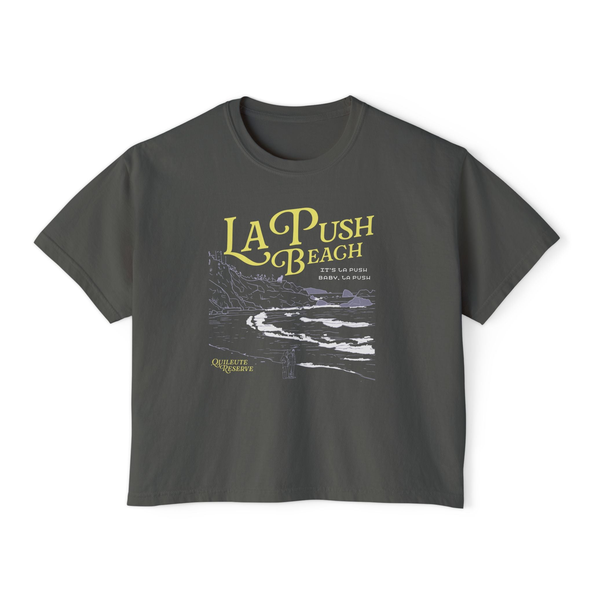 thtgrlreads La Push cropped t shirt featuring yellow La Push Beach lettering and a vintage coastal shoreline graphic on a dark Comfort Colors cotton base