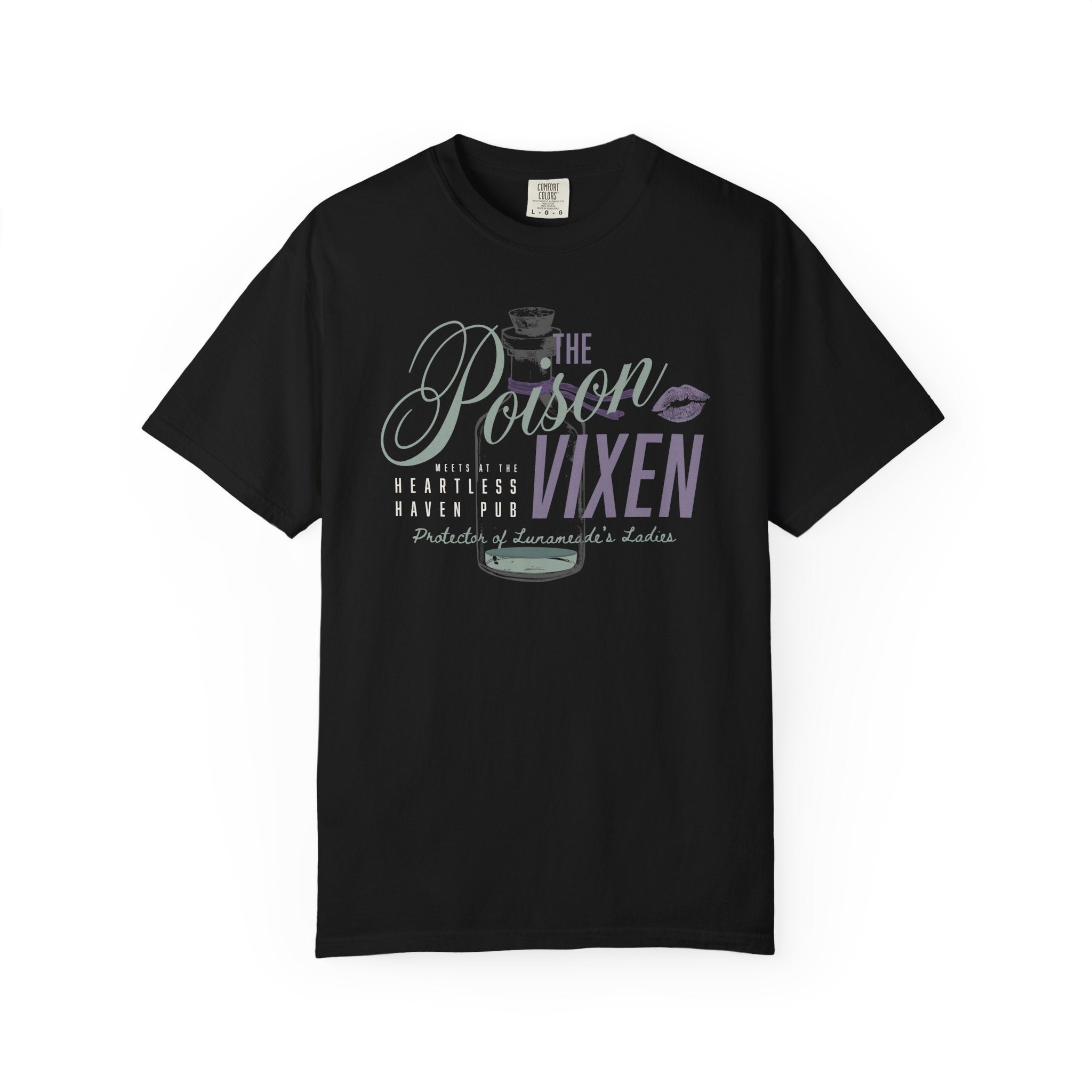 Comfort Colors unisex graphic tee from thtgrlreads inspired by The Poison Daughter by Shelia Masterson, featuring vintage wash black fabric and printed poison bottle and text design.