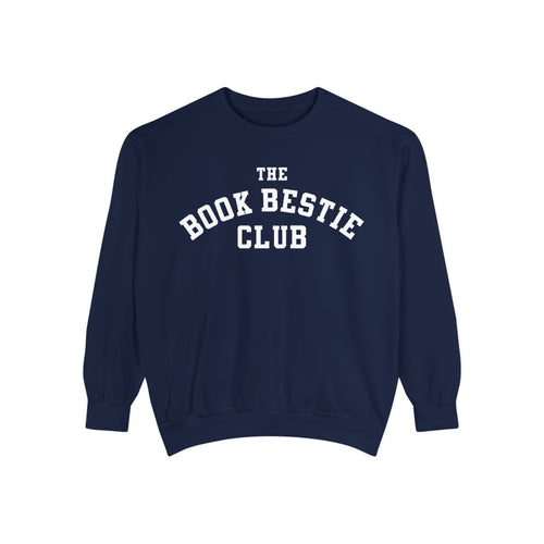 Thtgrlreads Book Bestie collection oversized crewneck sweatshirt in vintage navy Comfort Colors fabric featuring bold white collegiate-style text, perfect bookish apparel.