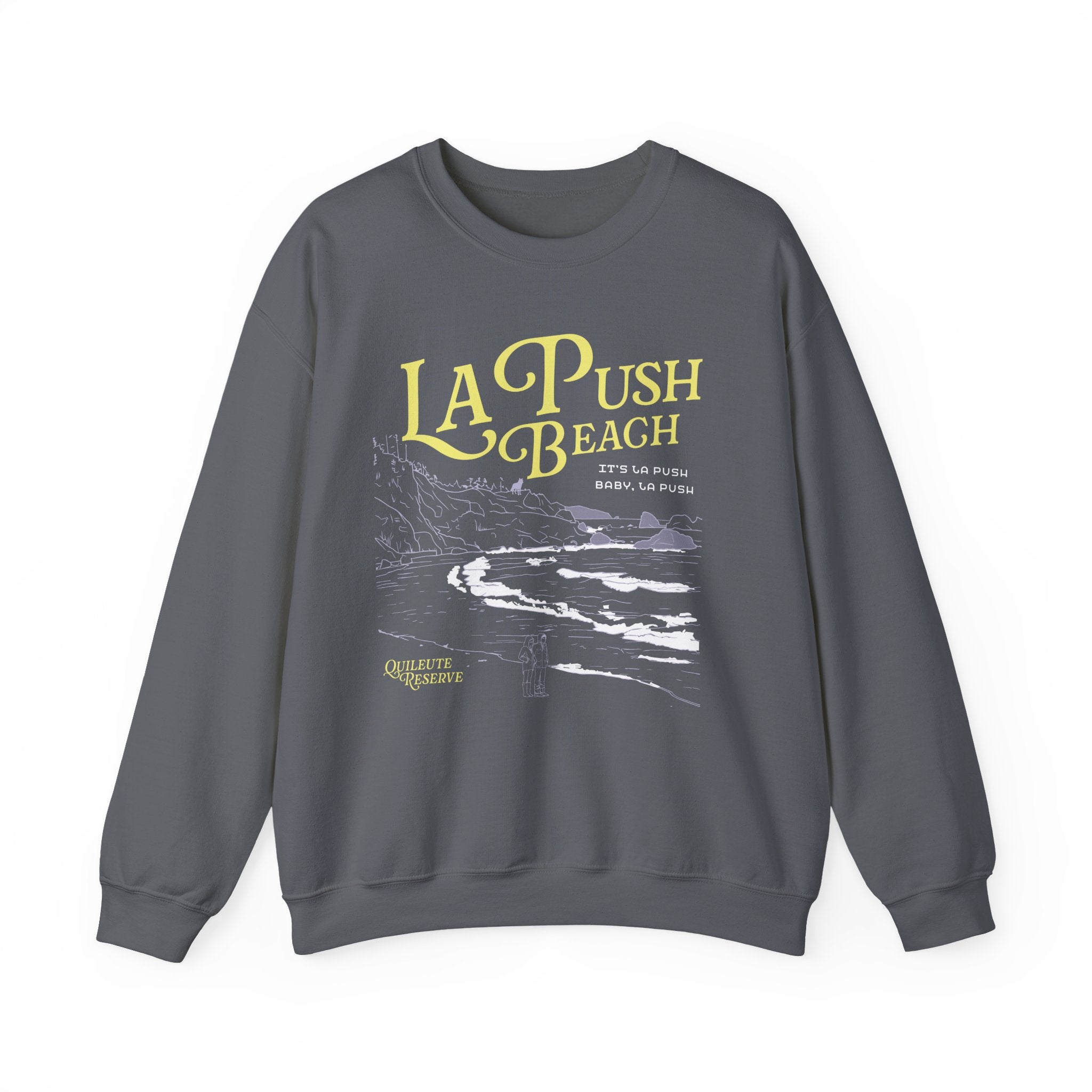 thtgrlreads La Push oversized crewneck sweatshirt featuring a vintage beach graphic with yellow La Push Beach lettering and coastal artwork on a charcoal gray base